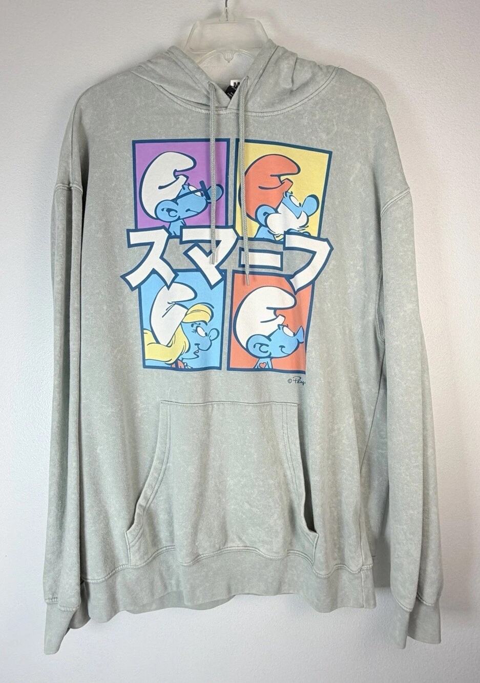 MEN’s/Unisex Smurfs Japanese Kanji Graphic Mineral Wash Gray Hoodie Size Large
